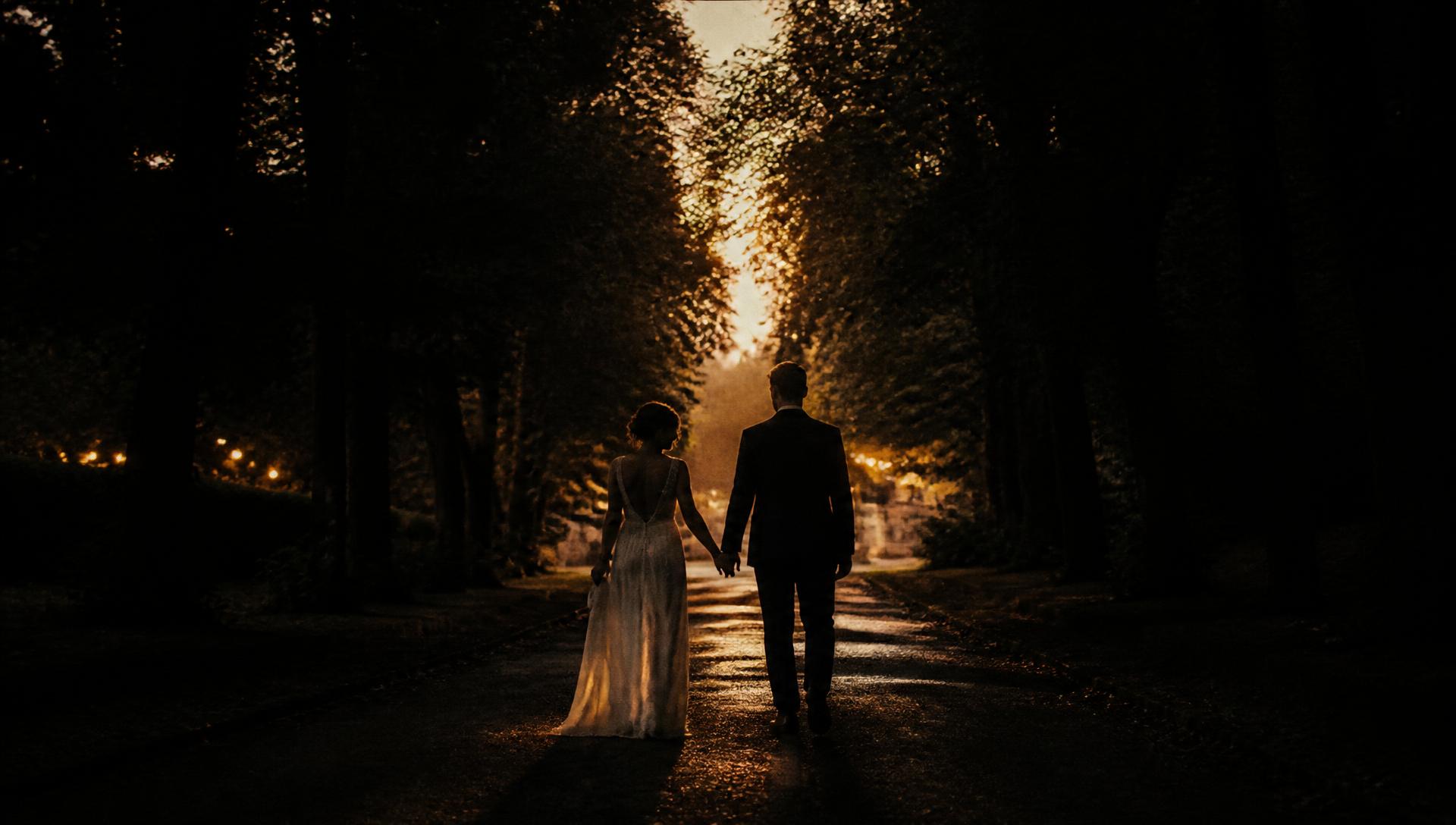 Couple walking hand in hand down a tree-lined path toward golden evening light