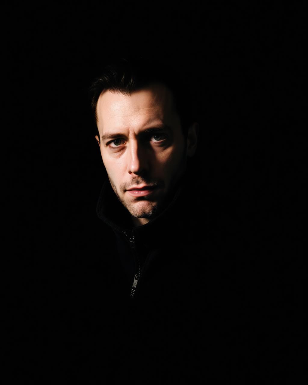 Low-key studio portrait of a man in a dark coat lit by a single warm light