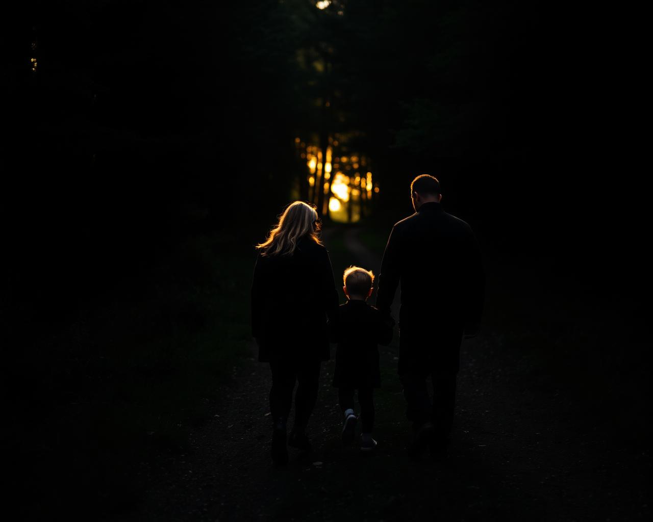 Family of three walking hand in hand down a wooded path toward golden evening light