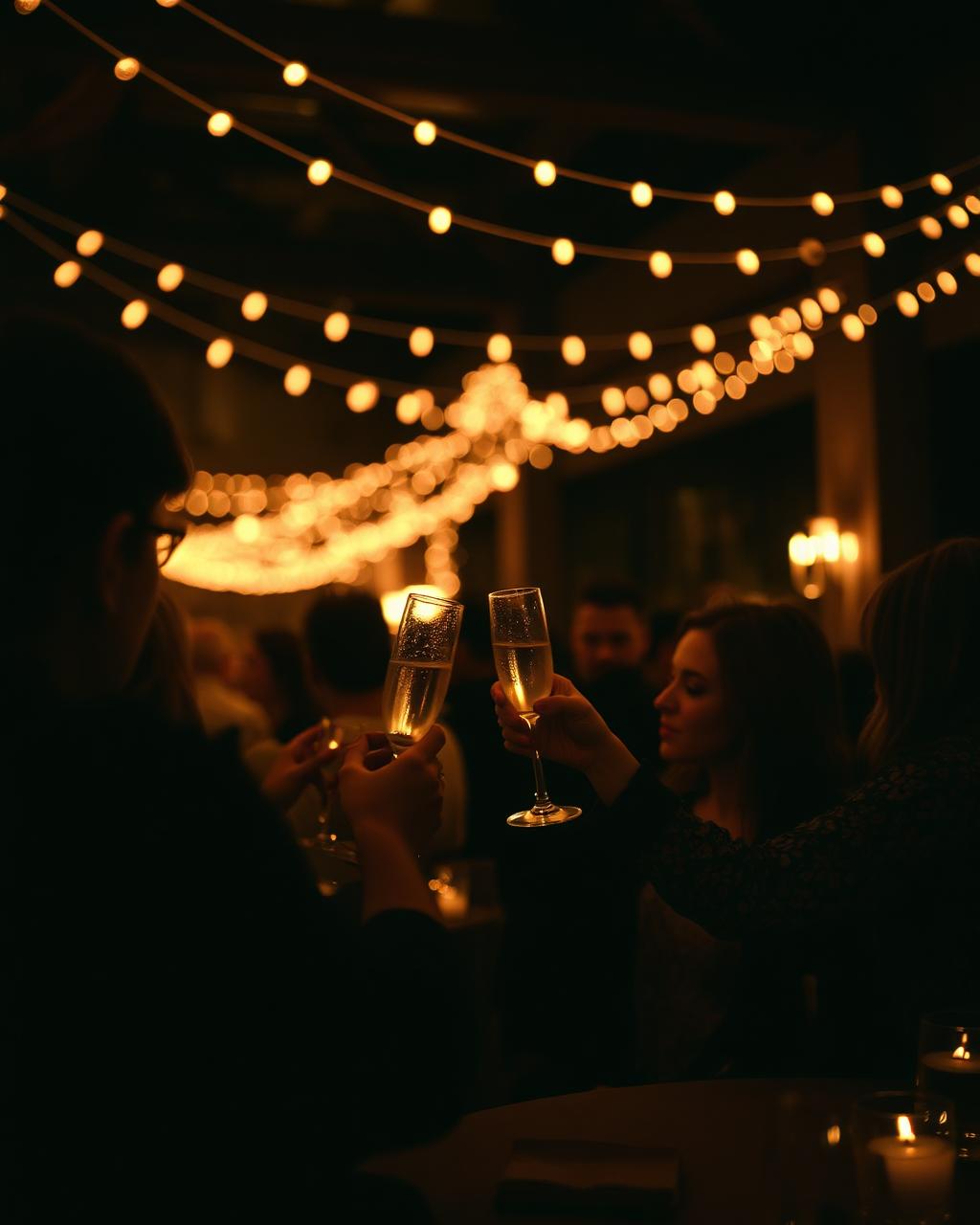 Guests toasting champagne beneath warm string lights at an evening celebration