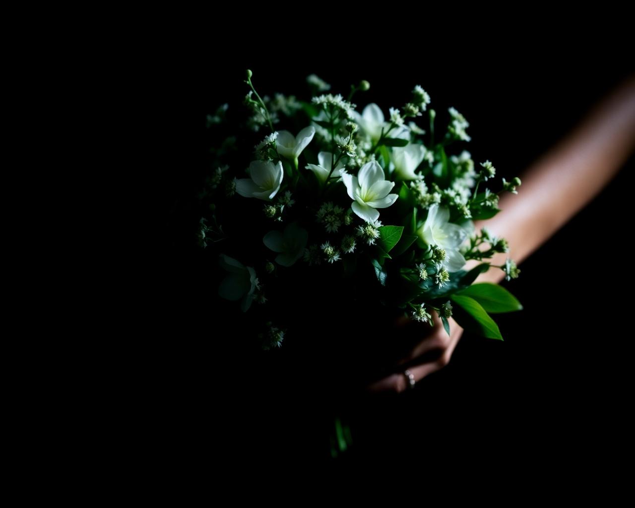 Hands holding a bouquet of white flowers and green foliage against a black background