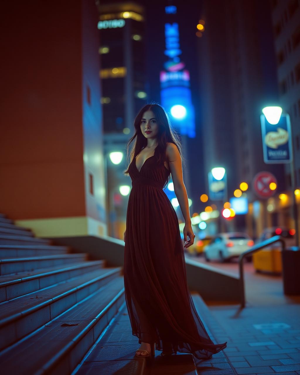 Woman in a long dress standing on city steps at blue hour with street lights behind her