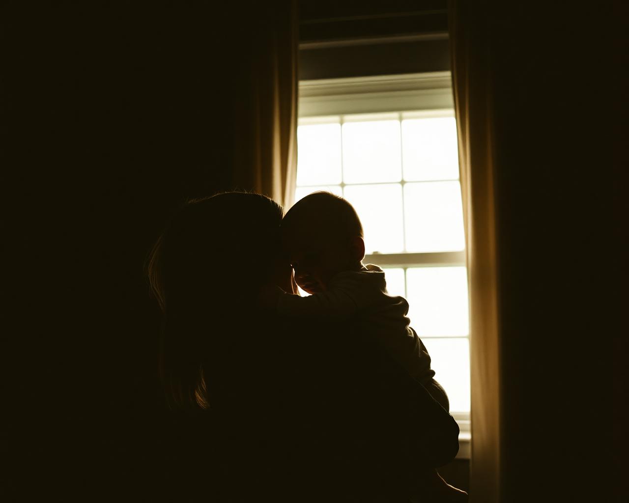 Mother holding her baby in silhouette beside a bright window in a dim room