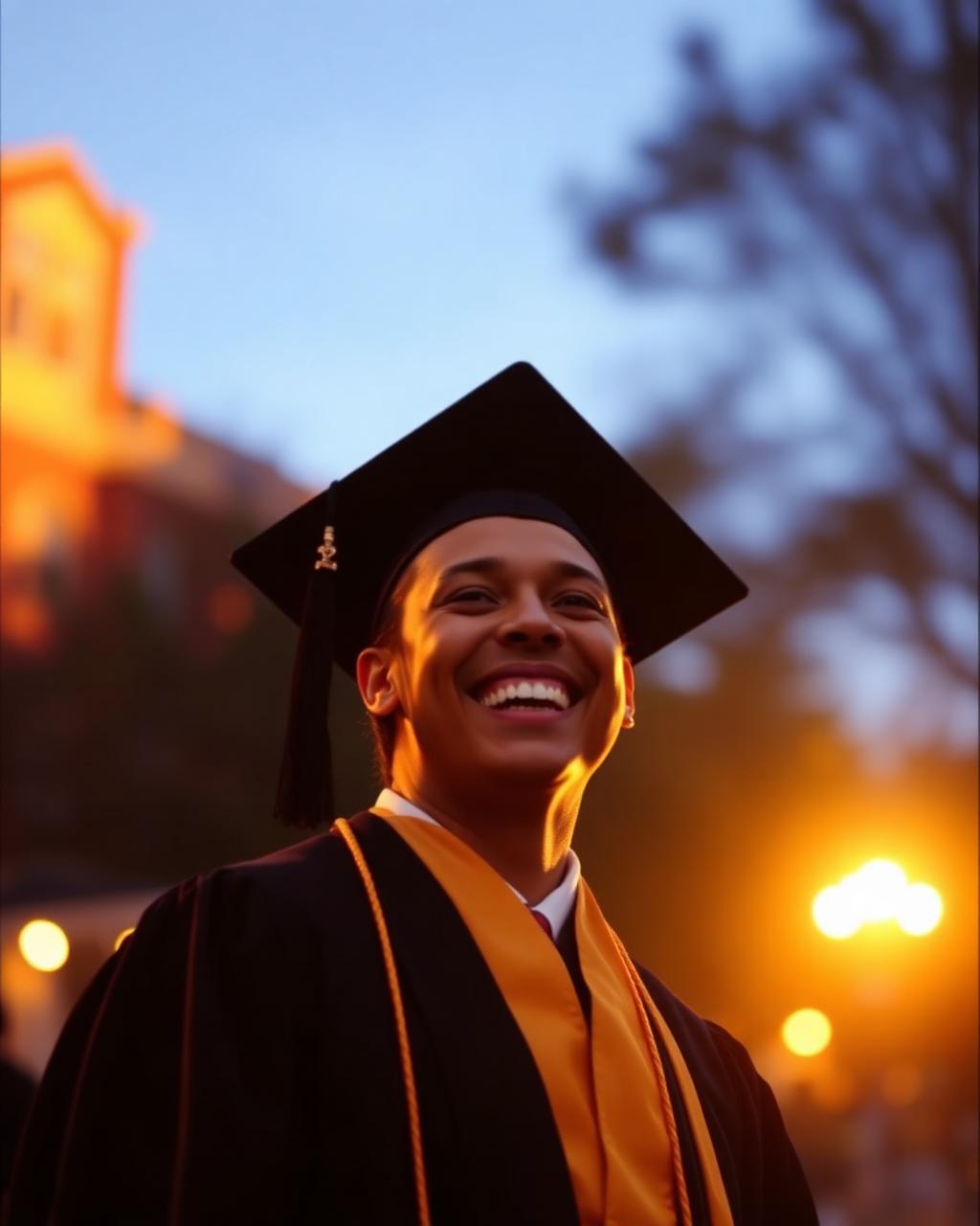 Graduate in cap and gown smiling in golden evening light on campus
