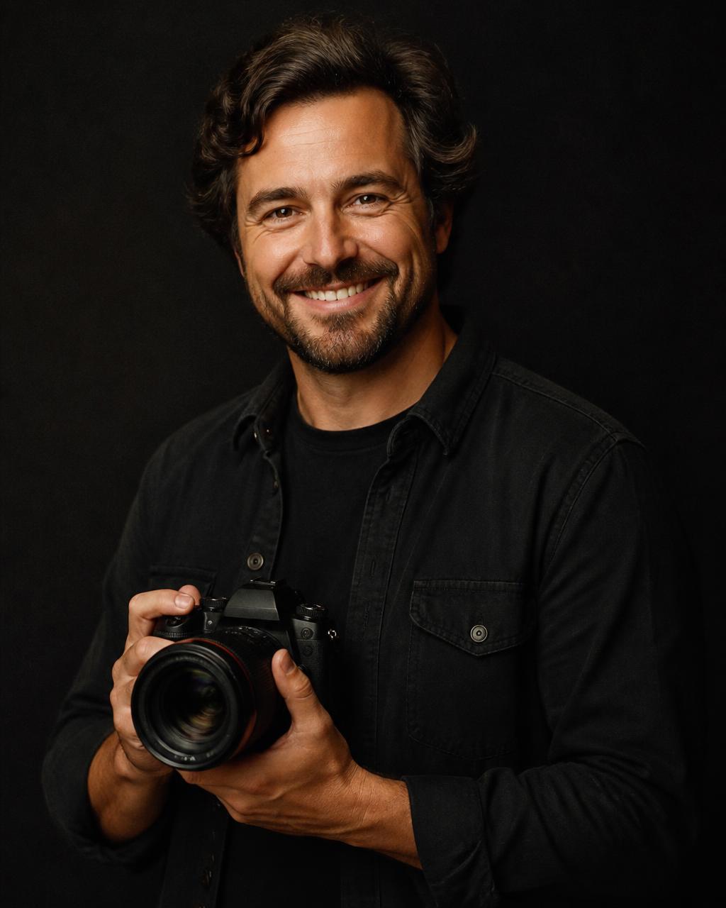 Portrait of the Clover Clicks photographer holding a camera against a black backdrop
