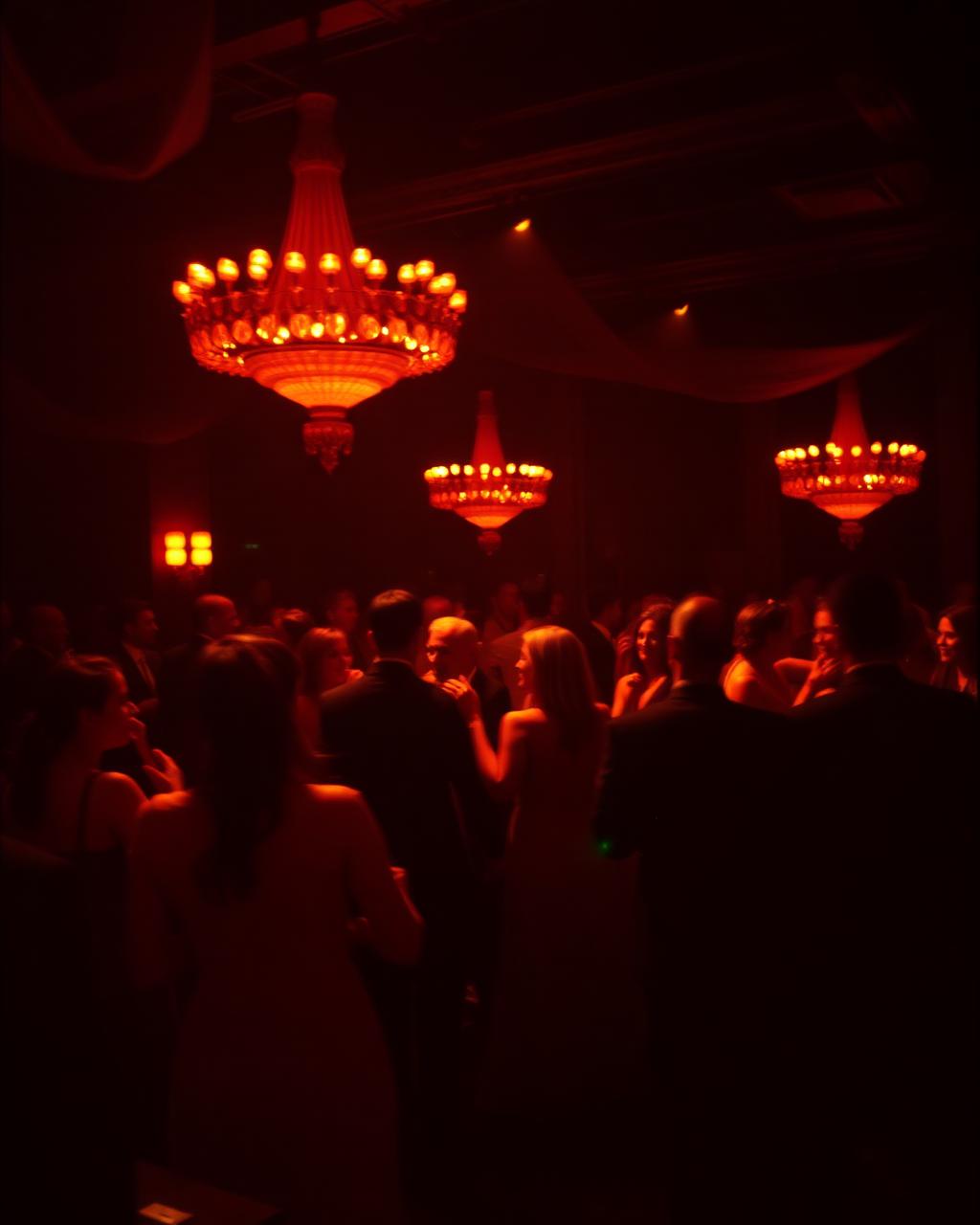 Guests mingling under warm chandeliers at an evening celebration