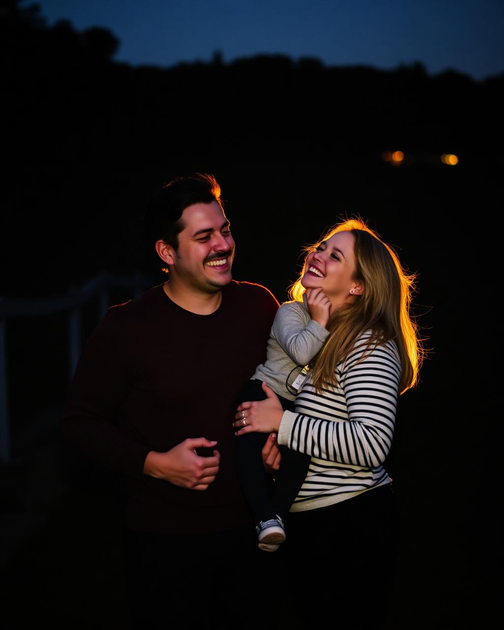 Couple laughing together while holding their small child at dusk