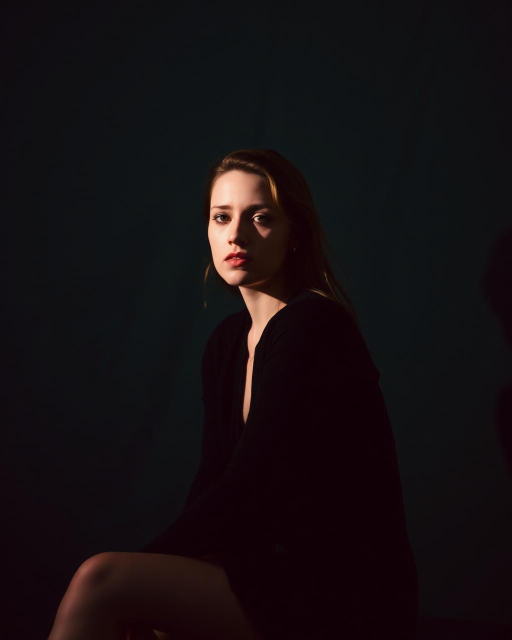 Seated portrait of a woman lit by dramatic warm side light against a dark wall